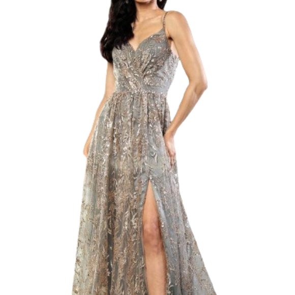 May Queen Dresses & Skirts - NWT May Queen MQ2017 Glitter Lace Prom Dress Charcoal Gold size 10